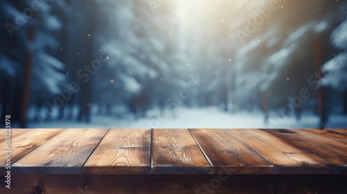 Empty wooden table in the foreground. Winter blurred background Shiny bokeh