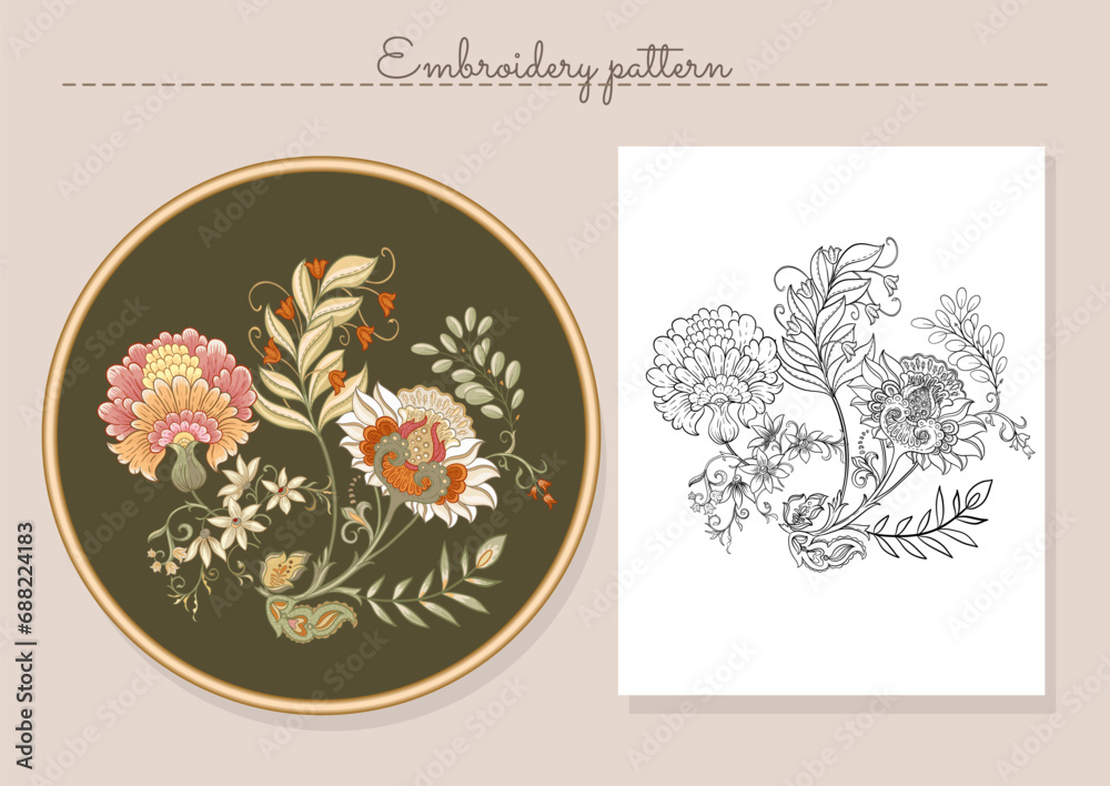 Fantasy flowers in retro, vintage, jacobean embroidery style. Embroidery imitation sample and pattern. Vector illustration.