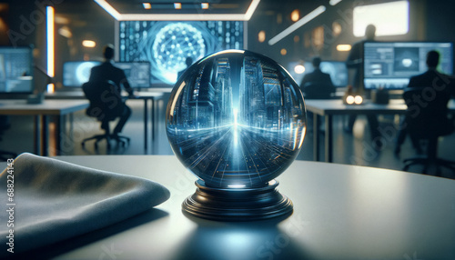 Crystal ball on a desk, AI driven visions of a cyber city. Blurred tech office in the background, intense cyber security operations
 photo