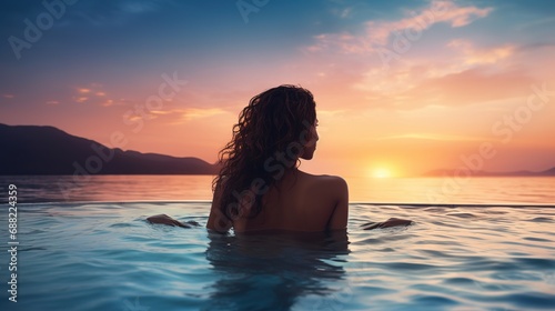 Woman on summer vacation holiday relaxing in infinity swimming pool with blue sea sunset