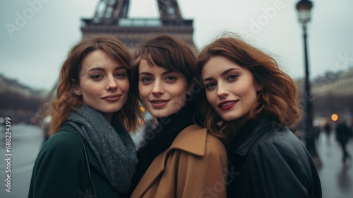 Three confident women posing in front of the Eiffel tower