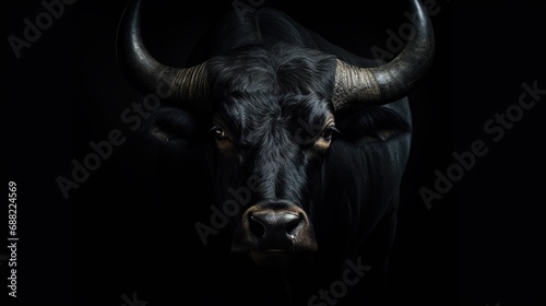 Portrait of black bull on black background with copy space