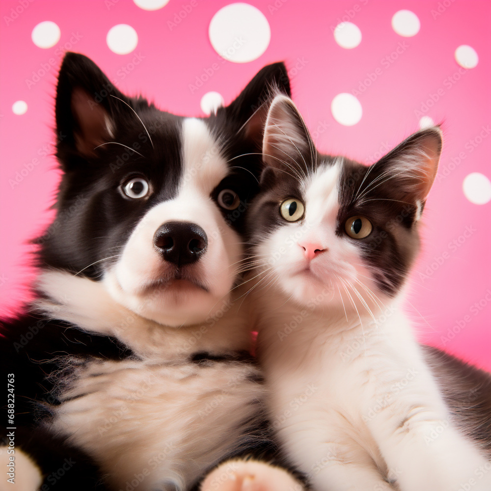 Portrait of a kitten and a Siberian Husky puppy on a pink background with hearts taking a selfie for Valentine's day.