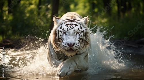 White siberian tiger runs on water  in forest. Dangerous animal. Animal in a green forest stream