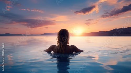 Woman on summer vacation holiday relaxing in infinity swimming pool with blue sea sunset