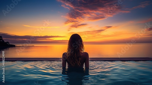 Woman on summer vacation holiday relaxing in infinity swimming pool with blue sea sunset photo