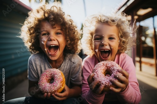 Joyful Childhood: Two Kids Laughing with Sprinkled Donuts photo