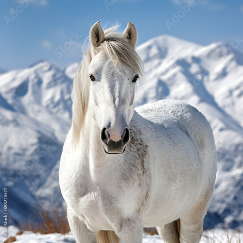 White horse in the snowy mountains 