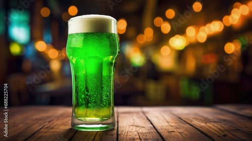 Glass of fresh cold green beer on a wooden bar counter in pub. Soft focus.