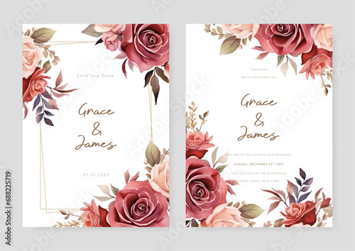 Pink and red rose wedding invitation card template with flower and floral watercolor texture vector