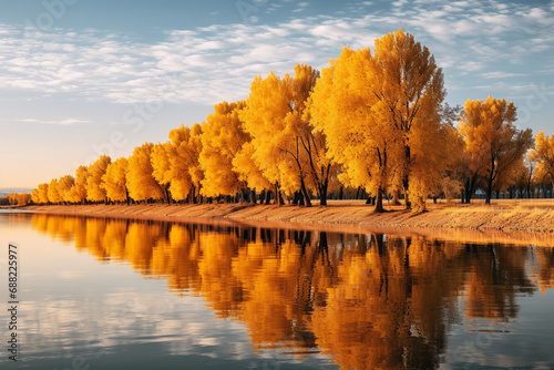 Document the golden reflections on the surface of a calm river, with a row of autumn trees creating a picturesque riverside scene