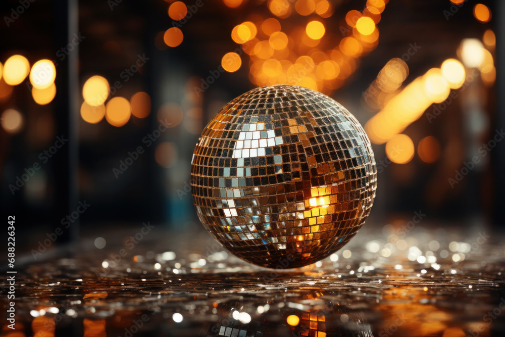 Obraz premium golden disco ball shines and glows. party and celebration in the club. lights and bokeh on the background.