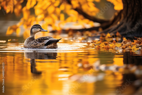 Showcase the golden reflections on the surface of a tranquil pond, with a solitary duck creating ripples in the water