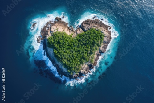 top view of tropical love island. Heart-shaped valentine island aerial view: heart, palm, coral reefs, turquoise sea © Svetlana