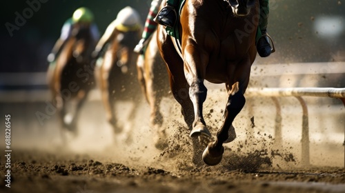 Horse racing details of galloping horses legs on hippodrome track © brillianata
