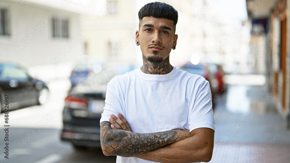 © Krakenimages.com - Cool young latin man with tattooed arms, standing outdoors on the urban street, carrying a relaxed yet serious expression with his arms casually crossed under the sunny city skyline.