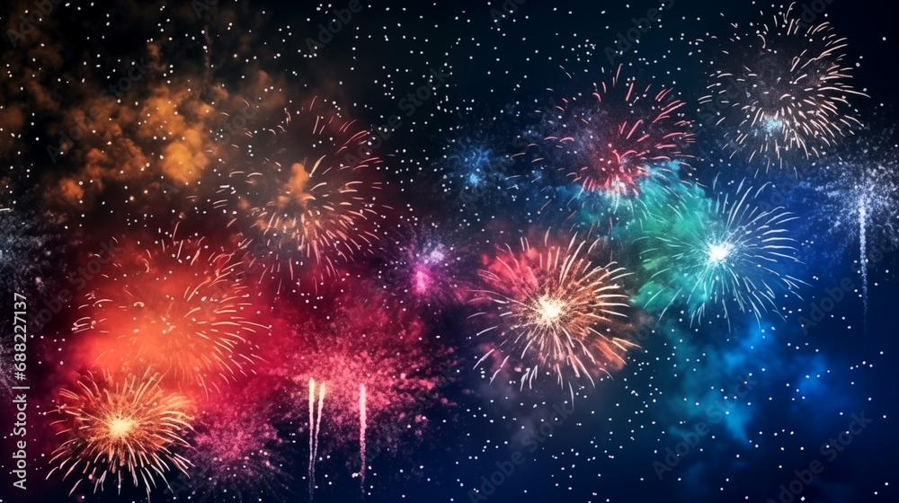 Multi-colored fireworks in the night sky, pyrotechnic show