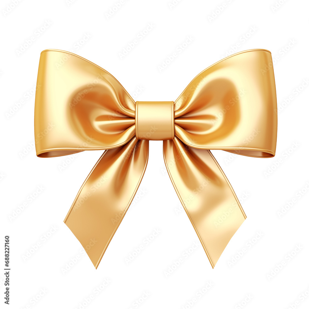Small golden bow for gift box, isolated satin ribbon