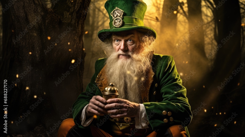 Leprechaun dressed as Saint Patrick, magical forest in the background Leprechaun dressed as Saint Patrick, magical forest in the background
