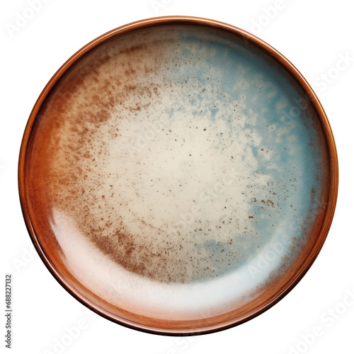 Brown and blue ceramic shallow round isolated plate top view for food presentation