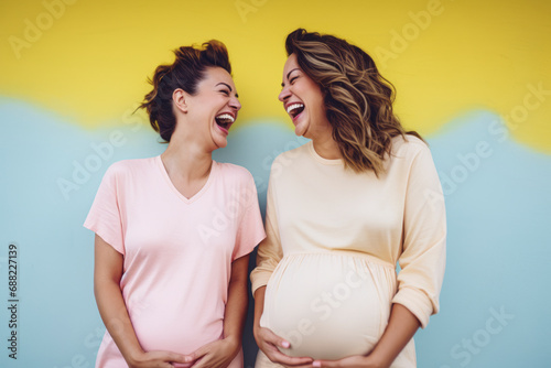 Two cute pregnant women with happy smiling faces standing outdoor and laugh. photo