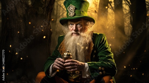 Leprechaun dressed as Saint Patrick, magical forest in the background