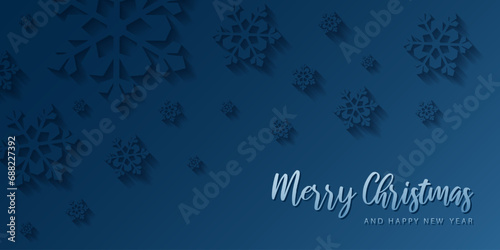 Merry christmas card banner frame with paper cut snowflakes. 3D illustration on blue colored background for presentation, banner, cover, web, flyer, card, sale, poster, slide and social media.	