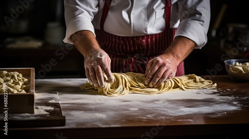 Chef cooking homemade pasta from dough. Chef make fresh traditional pasta