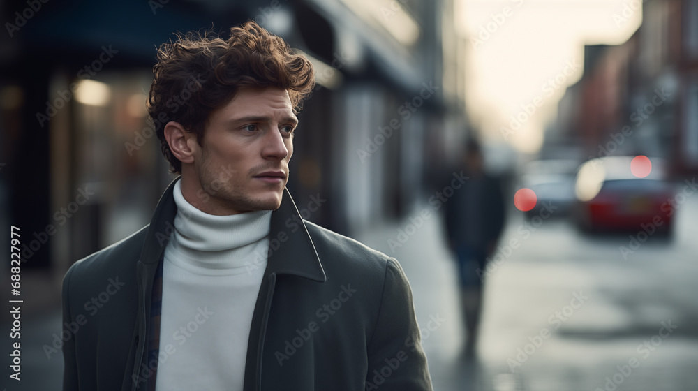 A beautiful man walks through the streets of the city. Handsome male enjoy holidays and shopping in town. Beautiful historical architecture. Travel weekend. Adventure lifestyle. Generated AI