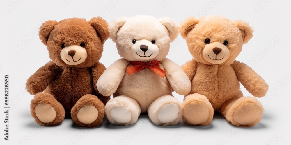 set of 3 stuffed fluffy teddy bears toys sitting and smiling isolated on white background. set of 3 stuffed fluffy teddy bears toys sitting and smiling isolated on white background.