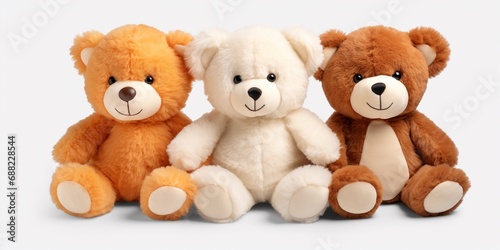 set of 3 stuffed fluffy teddy bears toys sitting and smiling isolated on white background.