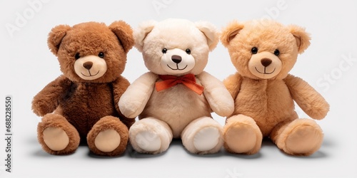 set of 3 stuffed fluffy teddy bears toys sitting and smiling isolated on white background.