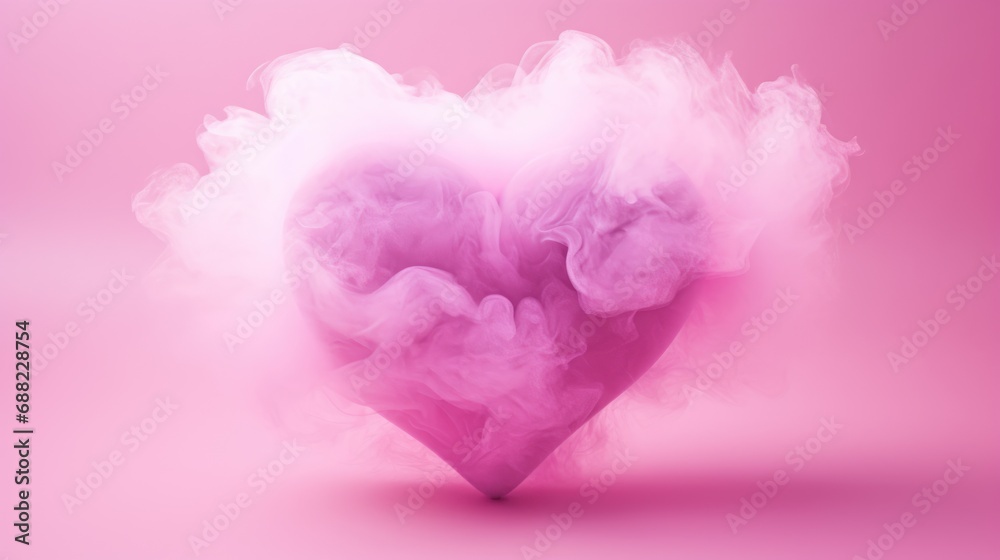Pink heart made of light smoke on a pink background. Love and valentine concept