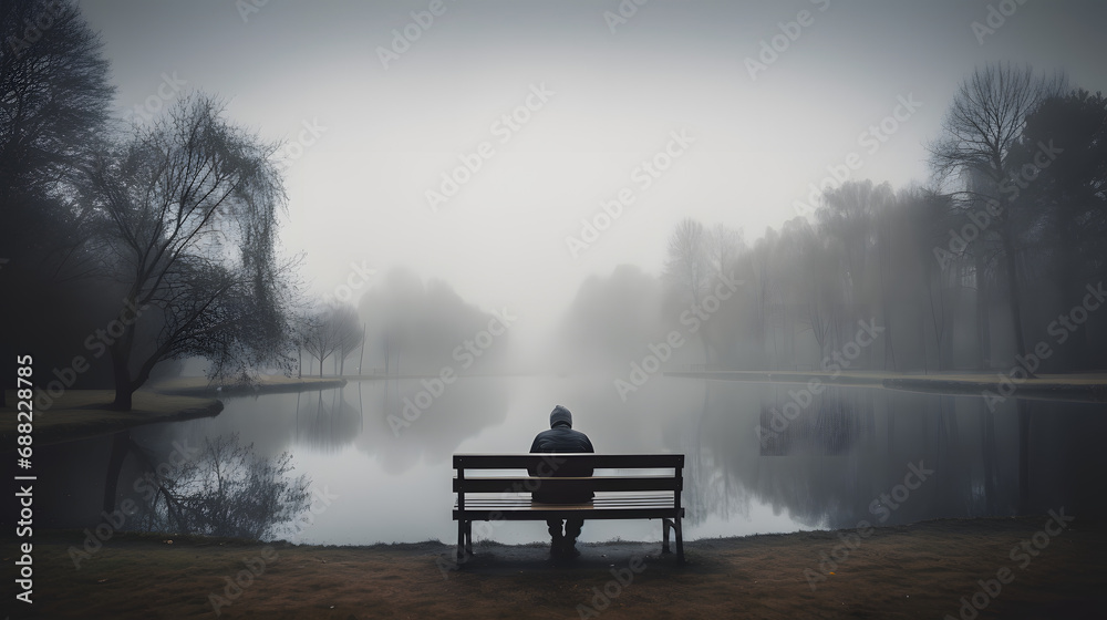 Contemplative Solitude: Lone Person Seated on Park Bench Overlooking a Misty Lake at Dawn AI-Generativ