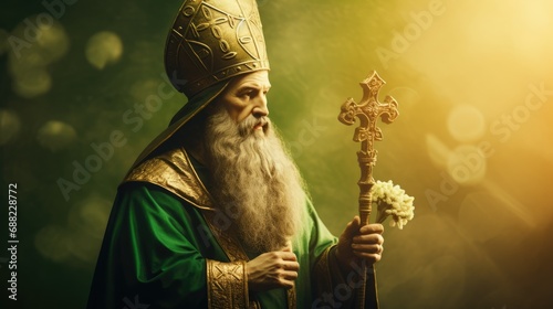 Saint Patrick on a blurred green background photo