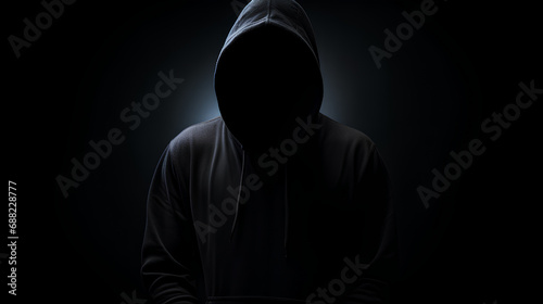 Silhouette of a hooded man with black sweatshirt, unrecognizable face, stalker, hacker, danger, criminal, maniac, black background