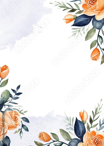 Peach white and blue watercolor hand painted background template for Invitation with flora and flower