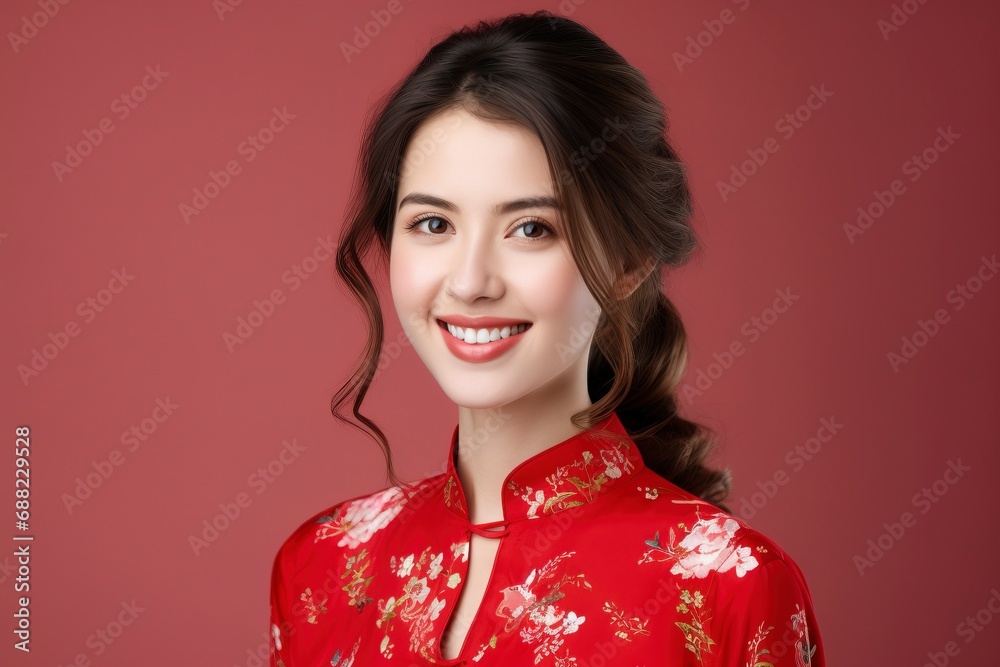 Young european woman smiling, wearing cheongsam, one color background, copy space. generative ai Young european woman smiling, wearing cheongsam, one color background, copy space. generative ai