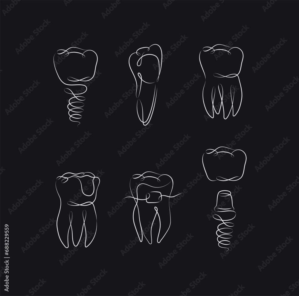 Teeth collection implant, braces, tooth crown, dental seal drawing in linear style on black background