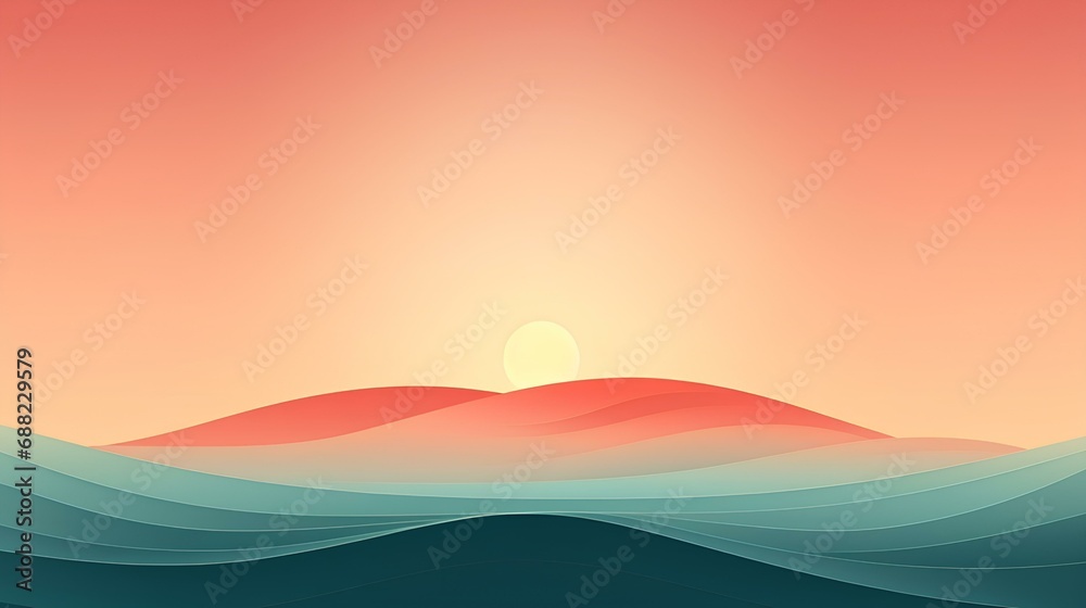 Minimalist design. Blue waves sea with soft yellow sky and red sun background. generative AI