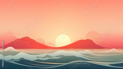 Minimalist design. Blue waves sea with soft yellow sky and red sun background. generative AI © yj