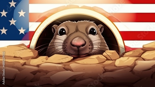 The groundhog crawls out of the hole. Groundhog day funny cartoon banner photo