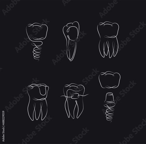 Obraz na płótnie Teeth collection implant, braces, tooth crown, dental seal drawing in linear style on black background w salonie
