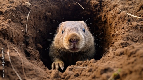 Groundhog crawled out of his hole to bask in the spring sun, close-up © brillianata