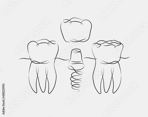 Obraz na płótnie Teeth implant illustration drawing in linear style on white background w salonie