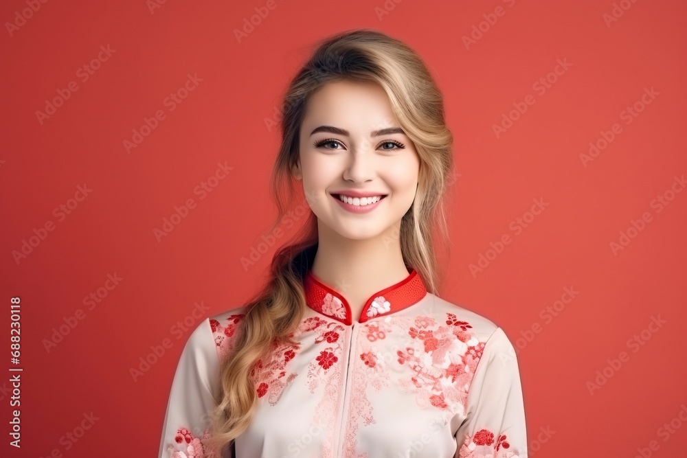 Young european woman smiling, wearing cheongsam, one color background, copy space. generative ai Young european woman smiling, wearing cheongsam, one color background, copy space. generative ai