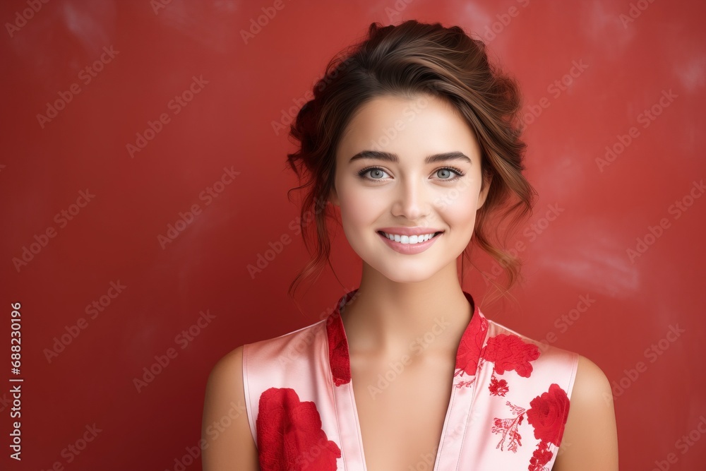 Young european woman smiling, wearing cheongsam, one color background, copy space. generative ai