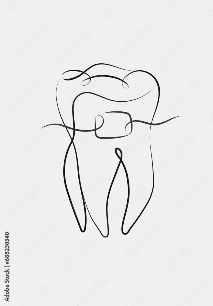 Tooth braces illustration in linear style drawing on white background