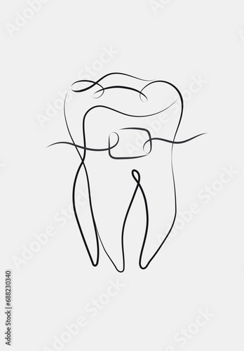 Tooth braces illustration in linear style drawing on white background