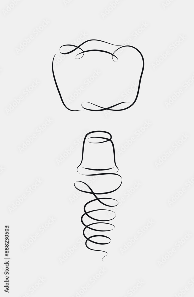 Undocked implant and dental crown in linear style drawing on white background